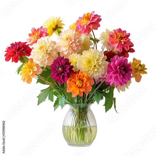 Colorful Dahlia Bouquet in Clear Glass Vase Transparent PNG Background