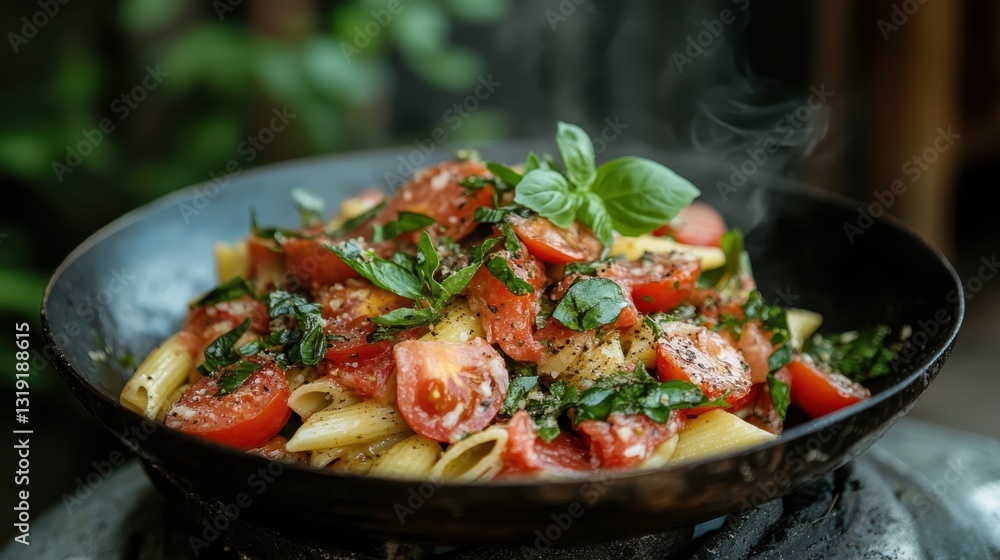 A steaming bowl of pasta topped with ripe tomatoes, fresh basil, and a rich sauce, creating a comforting and inviting culinary experience on a warm backdrop. A steaming bowl of pasta topped with ripe tomatoes, fresh basil, and a rich sauce, creating a comforting and inviting culinary experience on a warm backdrop.