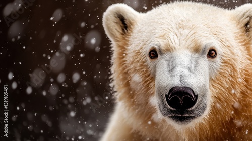 A close-up of a majestic polar bear looking directly at the camera while snowflakes gently fall around it, showcasing the beauty and power of wildlife in its natural habitat.
