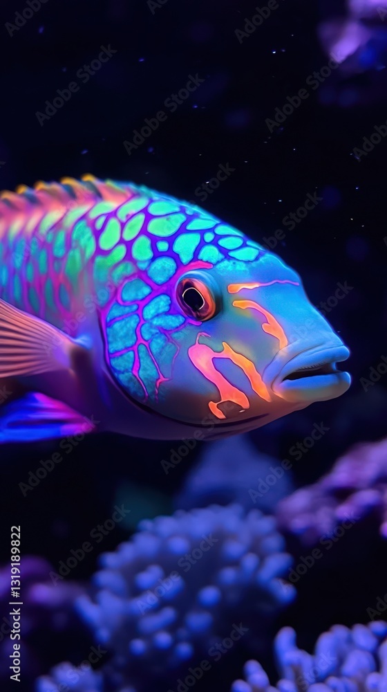 Fototapeta premium Vibrant Rainbow Fish Swims In Dark Ocean