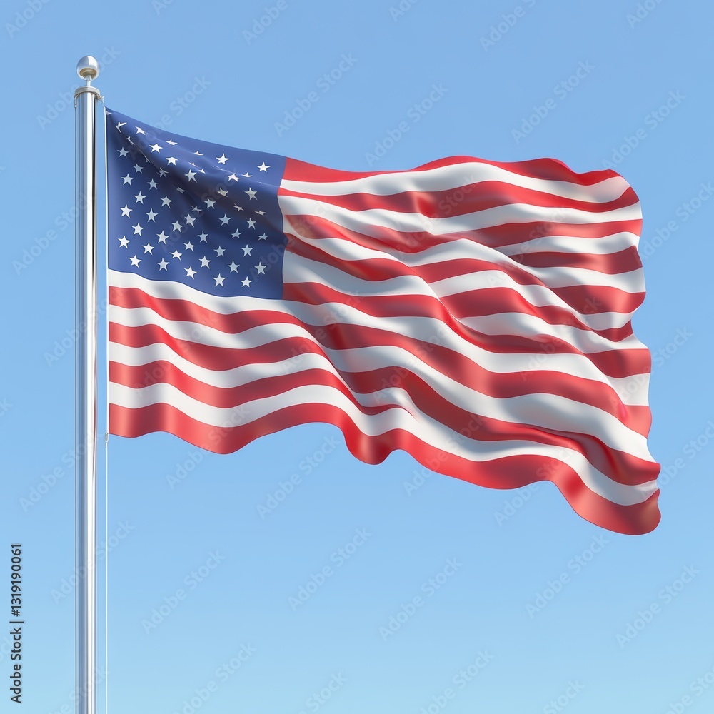 Fototapeta premium A vibrant American flag waves against a clear blue sky, symbolizing patriotism and national pride, This image can be utilized in marketing, educational materials, or as a backdrop for events,