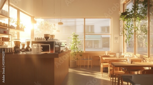 Sunny cafe interior  morning light  customers  empty tables  perfect for a coffee break