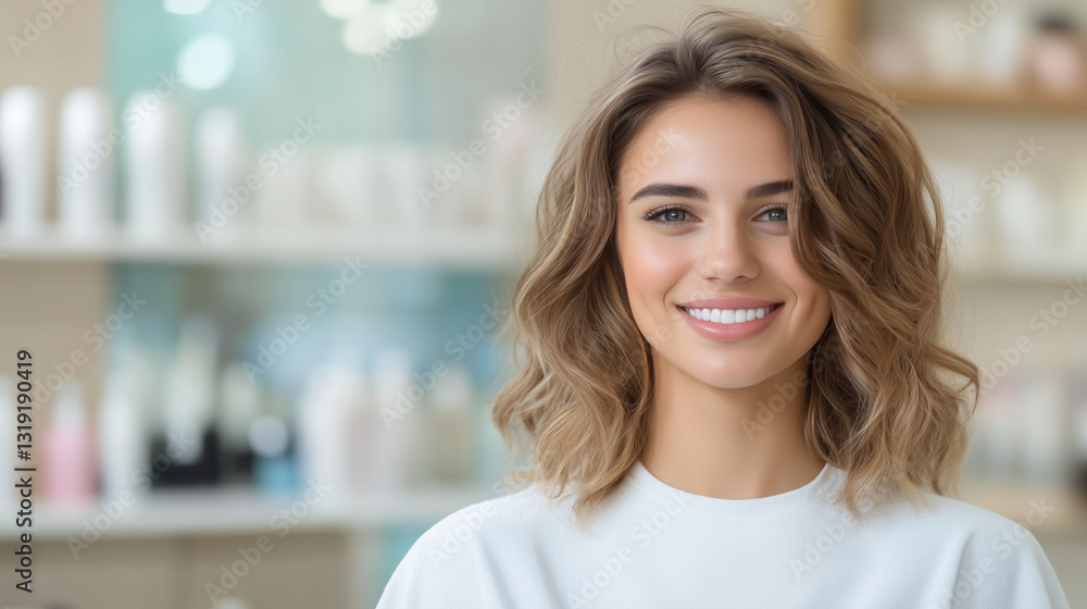 Fototapeta premium portrait of a beautiful young woman with blonde wavy hair and a bright smile, set against a blurred background of shelves filled with cosmetic products.
