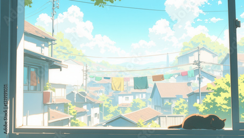 anime wallpaper illustration background, Cozy Morning with a Sleeping Cat by a Sunlit Window Overlooking a Scenic Town..