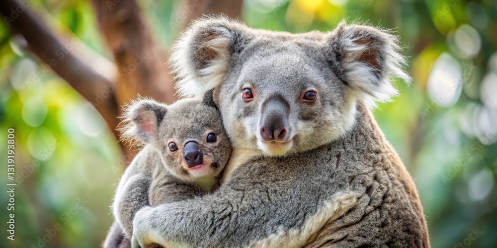 Fototapeta premium A mother koala tenderly embraces her joey, a heartwarming display of maternal affection in a lush, green arboreal habitat.