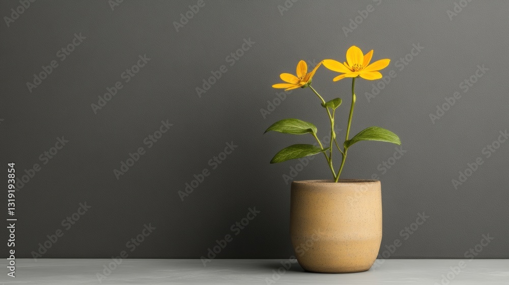 Bright yellow flowers in a simple vase. Bright yellow flowers in a simple vase.