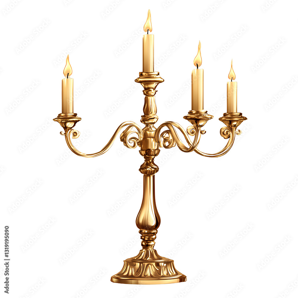 Golden candelabra with three candles, isolated on a transparent background Golden candelabra with three candles, isolated on a transparent background
