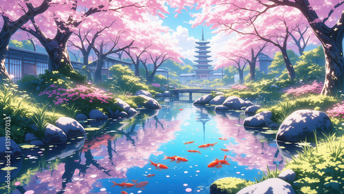 anime wallpaper illustration background, Tranquil Japanese Garden with Cherry Blossoms and Koi Pond.