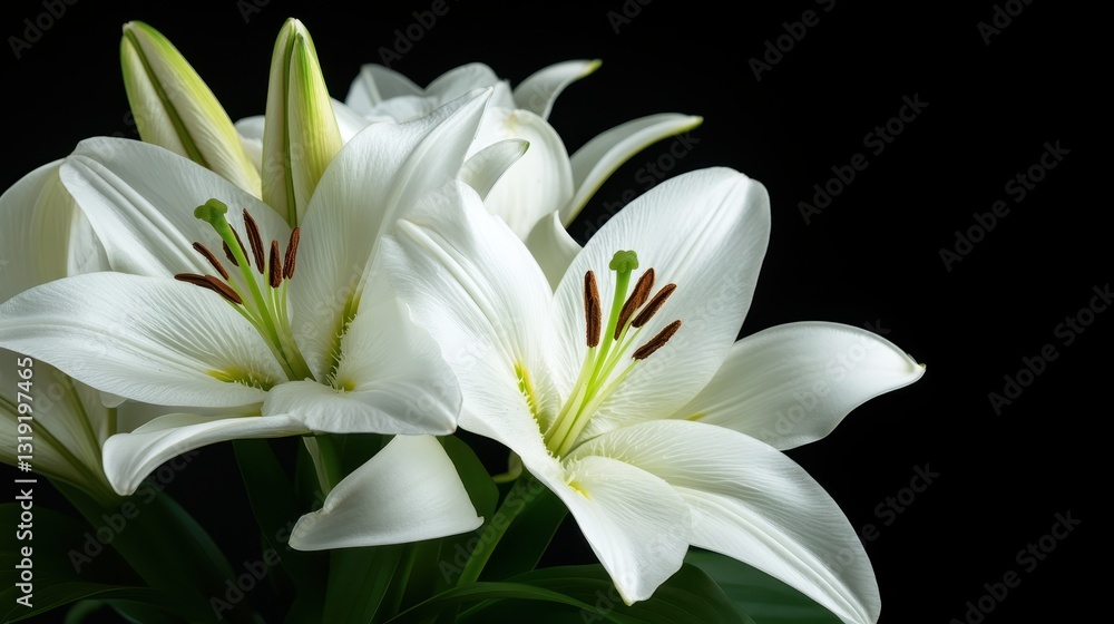 A stunning arrangement of white lilies, showcasing their delicate petals and contrasting vivid green leaves against a black background for a striking visual effect. A stunning arrangement of white lilies, showcasing their delicate petals and contrasting vivid green leaves against a black background for a striking visual effect.