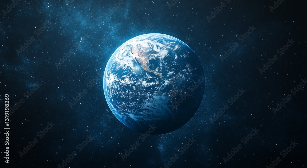 A blue planet in space with a lot of stars. Blue planet Earth with starlight and sun in the space background. A blue planet in space with a lot of stars. Blue planet Earth with starlight and sun in the space background.