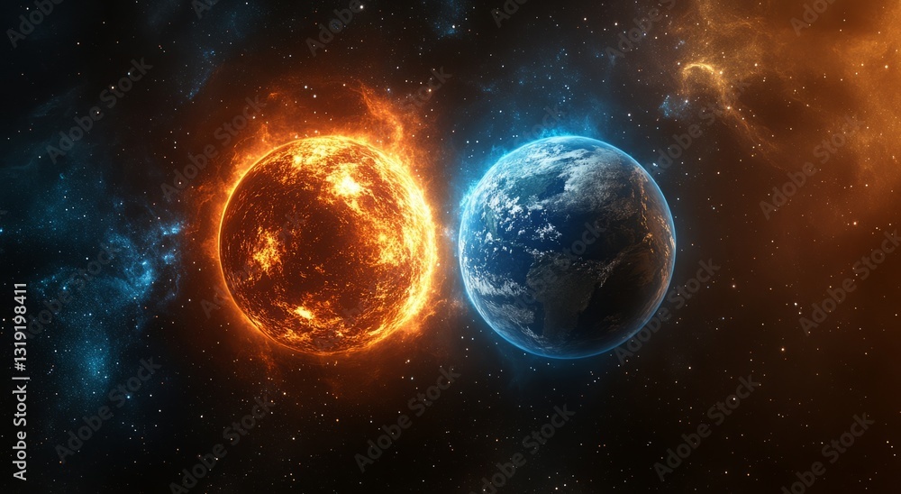 Obraz premium Two planets with one of them being red and the other blue. Blue planet Earth with starlight and sun in the space background.