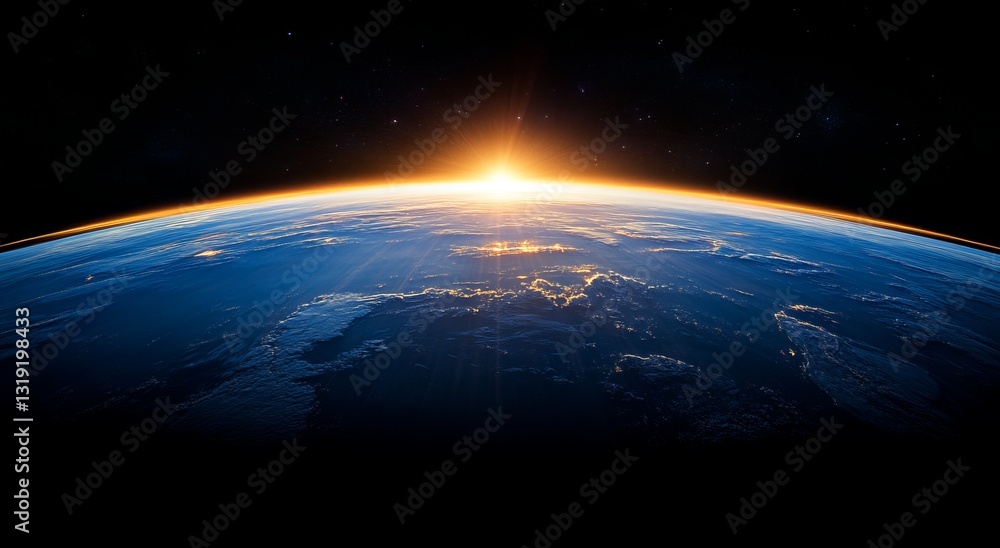 Obraz premium The sun is rising over the earth. Blue planet Earth with starlight and sun in the space background.