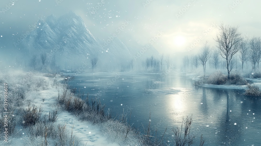 Fototapeta premium Snowy winter landscape with frozen river and mountains