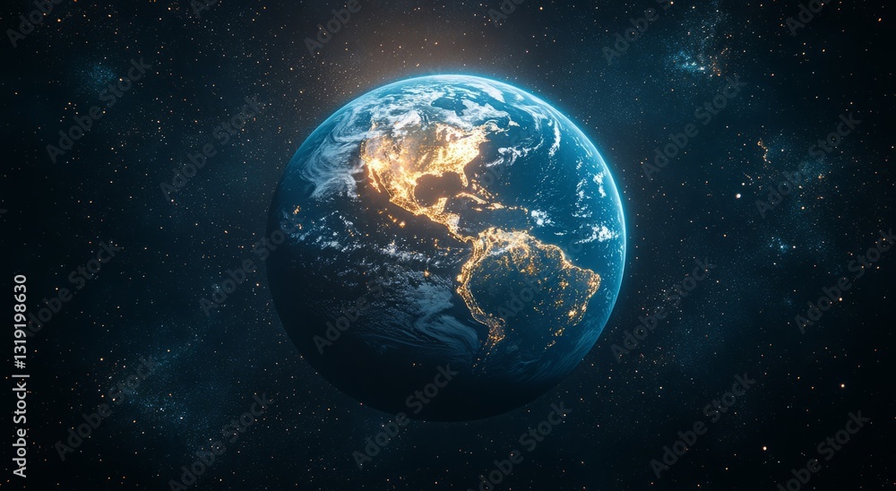 Fototapeta premium A blue planet with a bright orange sun in the sky. Blue planet Earth with starlight and sun in the space background.