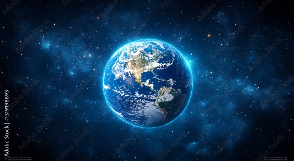 Fototapeta premium A blue and white planet in the sky. Blue planet Earth with starlight and sun in the space background.