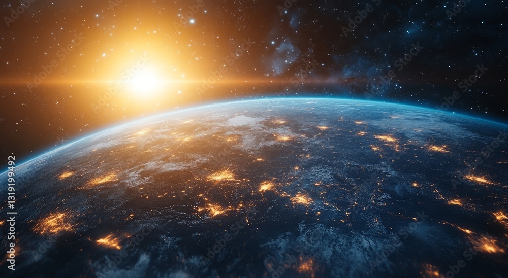 Obraz premium The sun is shining on the planet. Blue planet Earth with starlight and sun in the space background.