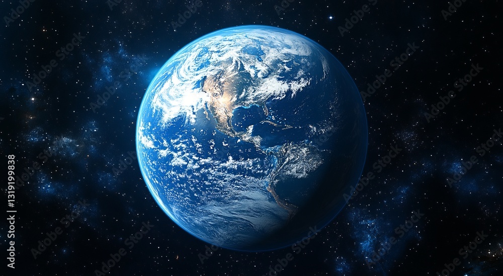 Obraz premium A blue and white planet in space. Blue planet Earth with starlight and sun in the space background.
