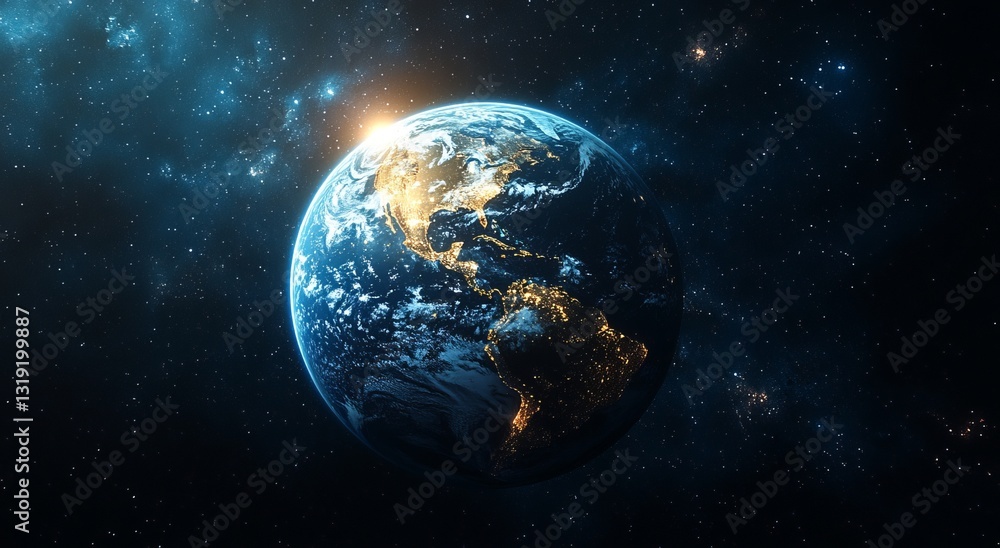Obraz premium A planet in space with a bright light on it. Blue planet Earth with starlight and sun in the space background.