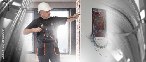 Man electrician in house un...