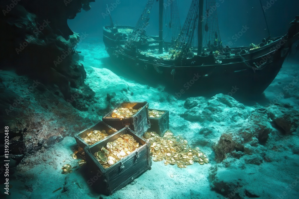 Naklejka premium Sunken pirate ship and treasure chests resting on the ocean floor