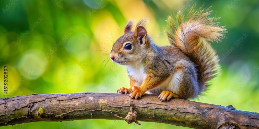 A Vibrant Young Squirrel Perched on a Branch, Against a Lush Green Background, Displaying its Striking Fur and Bushy Tail A Vibrant Young Squirrel Perched on a Branch, Against a Lush Green Background, Displaying its Striking Fur and Bushy Tail