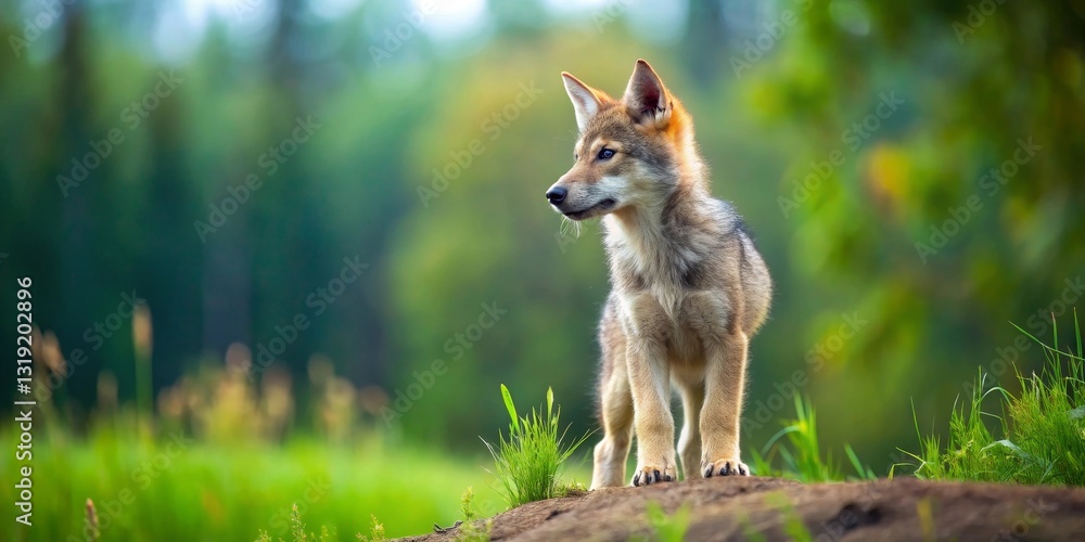 Fototapeta premium A Young Canid Standing in a Lush Green Meadow, Gazing Pensively into the Distance, Its Fur a Blend of Light and Dark Tones, a Symbol of Untamed Wilderness
