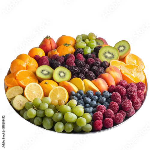 Colorful Arrangement of Fresh Fruits on a Silver Tray Transparent PNG Background