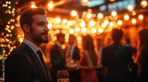 Handsome Man in Formal Suit Holding Drink at a Vibrant Evening Party with Warm Lighting