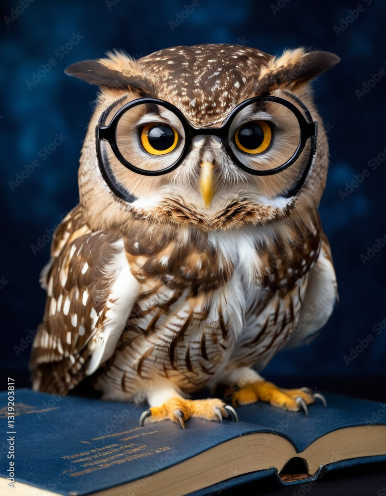 Fototapeta premium Fluffy owl wearing small glasses perched on an open book against a deep blue background. Wisdom, knowledge, education, magical learning concept.