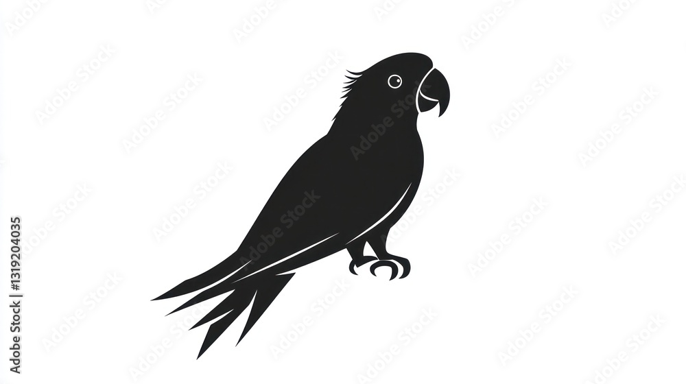 Fototapeta premium Black parrot silhouette, tropical bird, white background, nature, logo design
