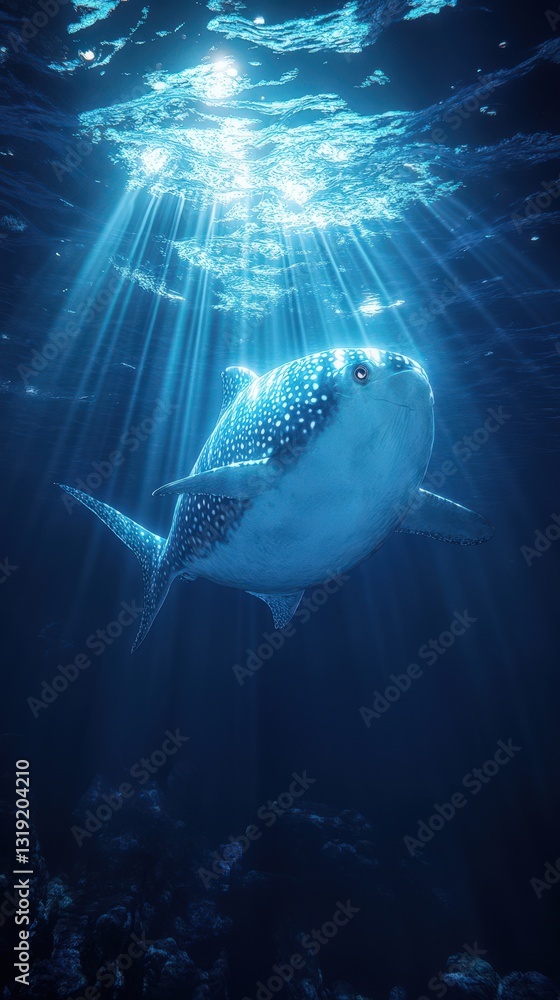 Fototapeta premium Whale Shark Swimming in Deep Ocean Sunlight