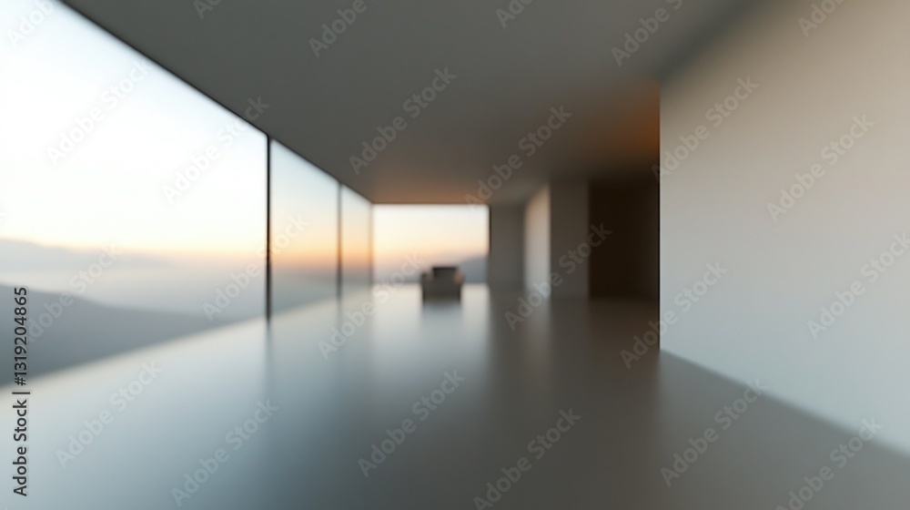 Fototapeta premium Modern minimalist interior with stunning mountain view at sunset