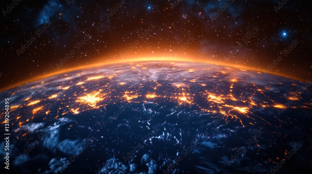 Obraz premium Earth at night, glowing with city lights. A breathtaking view of our planet's urban areas illuminated at night