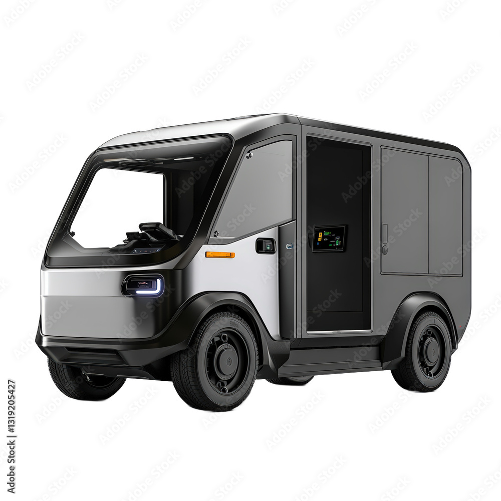Grey and Black Electric Delivery Van with Open Side Door Transparent PNG Background Grey and Black Electric Delivery Van with Open Side Door Transparent PNG Background