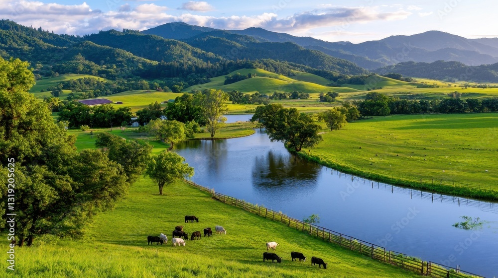 Fototapeta premium A picturesque landscape featuring rolling green hills, a winding river, and grazing cows under a bright blue sky with fluffy clouds.