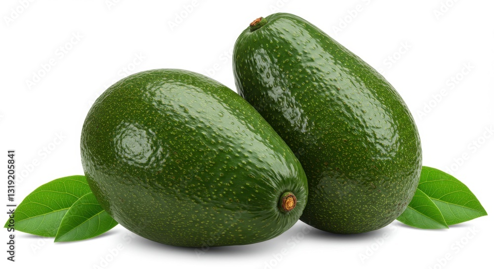Two Fresh Avocados with Leaves on White Background Two Fresh Avocados with Leaves on White Background