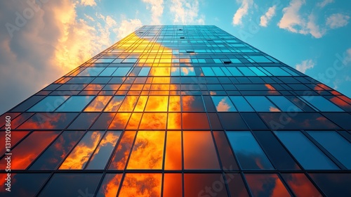 Modern skyscraper facade reflecting vibrant sunset clouds photo