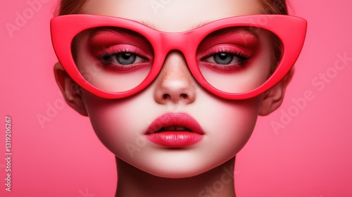 Stylish woman with bold glasses and makeup.