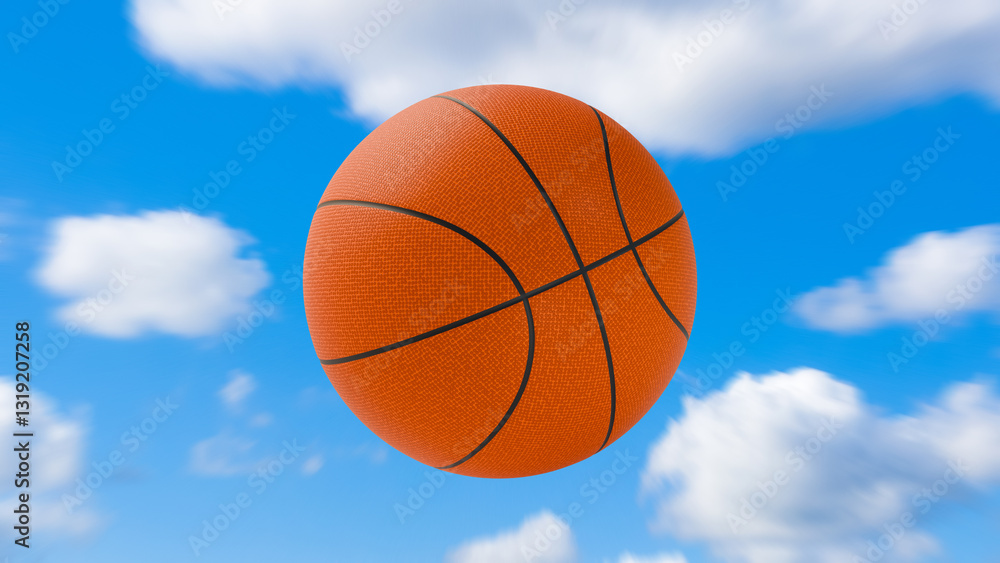 Basketball on sky background. Ball for active lifestyle. Basketball thrown up. Equipment for team sports games. Basketball under sky with clouds. Sports background for advertising. 3d image Basketball on sky background. Ball for active lifestyle. Basketball thrown up. Equipment for team sports games. Basketball under sky with clouds. Sports background for advertising. 3d image