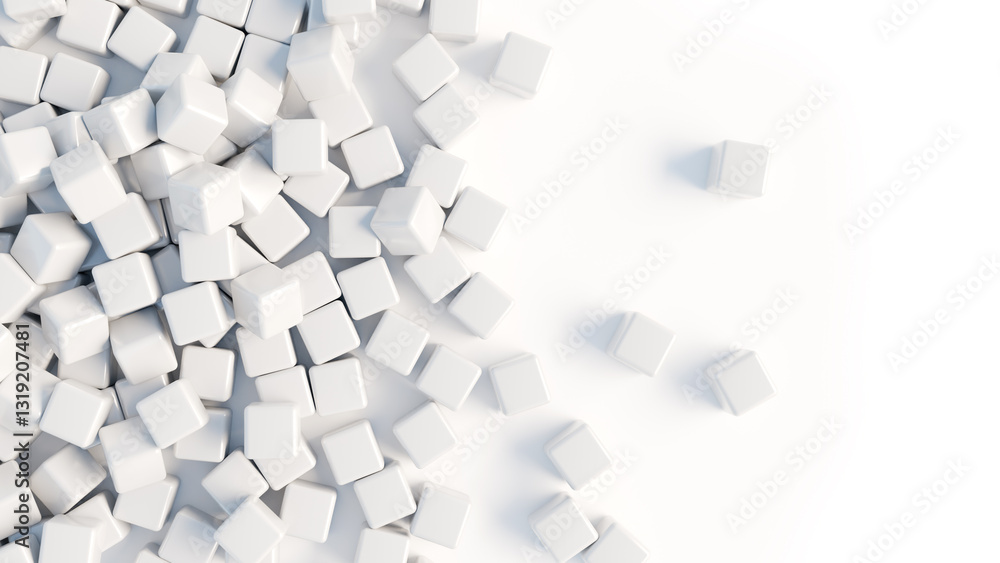 White background. Pile of cubes are scattered on surface. White background for design. Wallpaper with volumetric geometric elements. White background with minimalistic design. 3d image White background. Pile of cubes are scattered on surface. White background for design. Wallpaper with volumetric geometric elements. White background with minimalistic design. 3d image