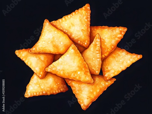 Crispy golden samosas piled together, ideal snack for social gatherings or casual moments