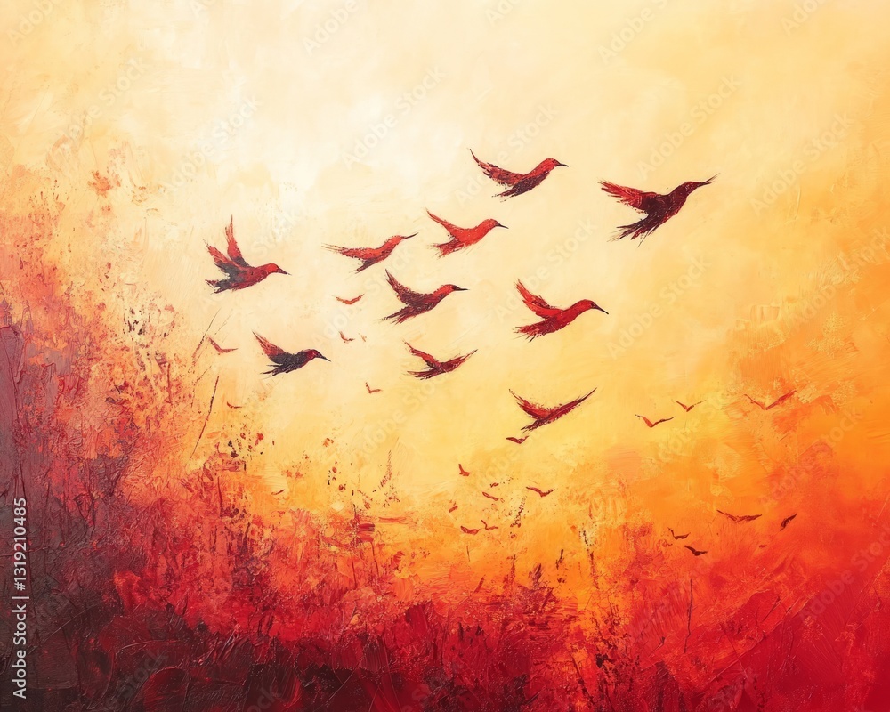 Obraz premium Peaceful sunrise in a vibrant summer sky, artistic abstract style with birds 