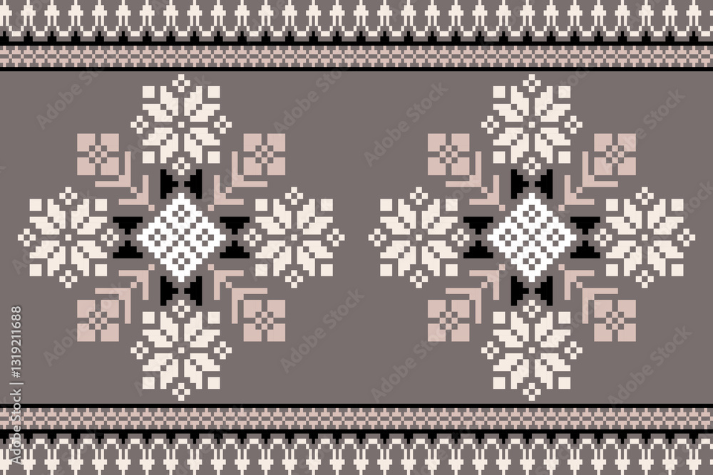 Floral pixel art pattern.Ikat embroidery Ethnic oriental Pixel pattern red christmas day background. carpet,wallpaper,clothing,wrapping,Batik,fabric,Vector illustration.floral samless pattern,abstract