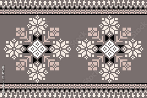 Obraz na płótnie Floral pixel art pattern.Ikat embroidery Ethnic oriental Pixel pattern red christmas day background. carpet,wallpaper,clothing,wrapping,Batik,fabric,Vector illustration.floral samless pattern,abstract w salonie