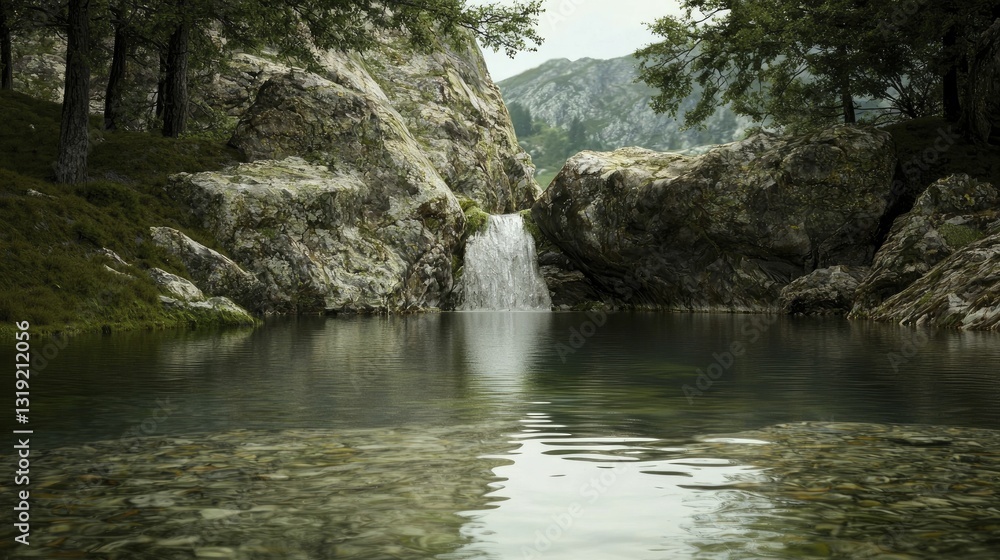 A serene waterfall cascading into a crystal-clear pool, where luminescent fish weave gracefully through the water. A serene waterfall cascading into a crystal-clear pool, where luminescent fish weave gracefully through the water.