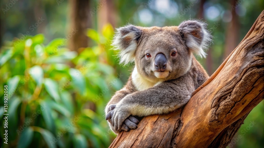 Obraz premium A serene koala rests peacefully on a sun-drenched tree branch, its fur a tapestry of grey and brown, amidst a vibrant backdrop of lush green foliage.