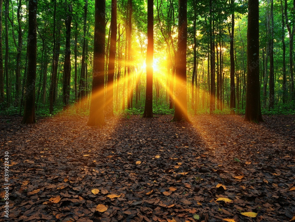 Obraz premium Golden Sunlight Rays Streaming Through Trees Forest Nature Photography Autumn Warm Atmosphere Serene View