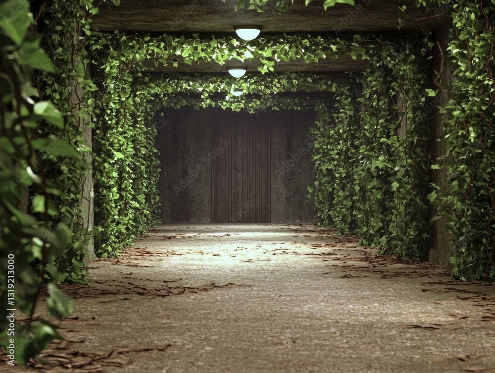An alleyway filled with shimmering orbs of light, leading to a hidden door covered in ivy and secrets. An alleyway filled with shimmering orbs of light, leading to a hidden door covered in ivy and secrets.