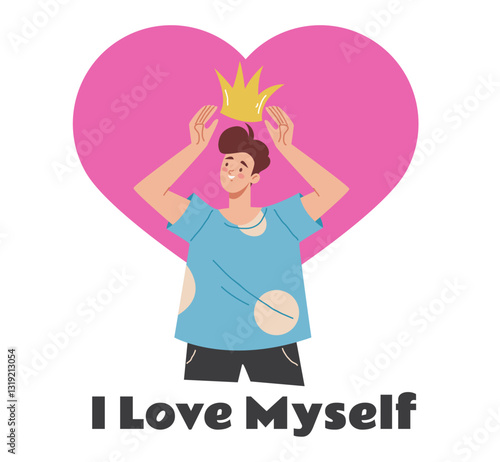 People on golden crown on head. I love myself selfishness egoism concept. Vector graphic simple doodle line art outline design illustration