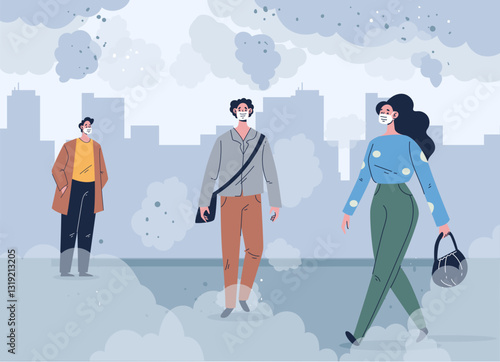 People wearing protective masks in polluted dirty microbe air in city. Vector graphic simple doodle line art outline design illustration